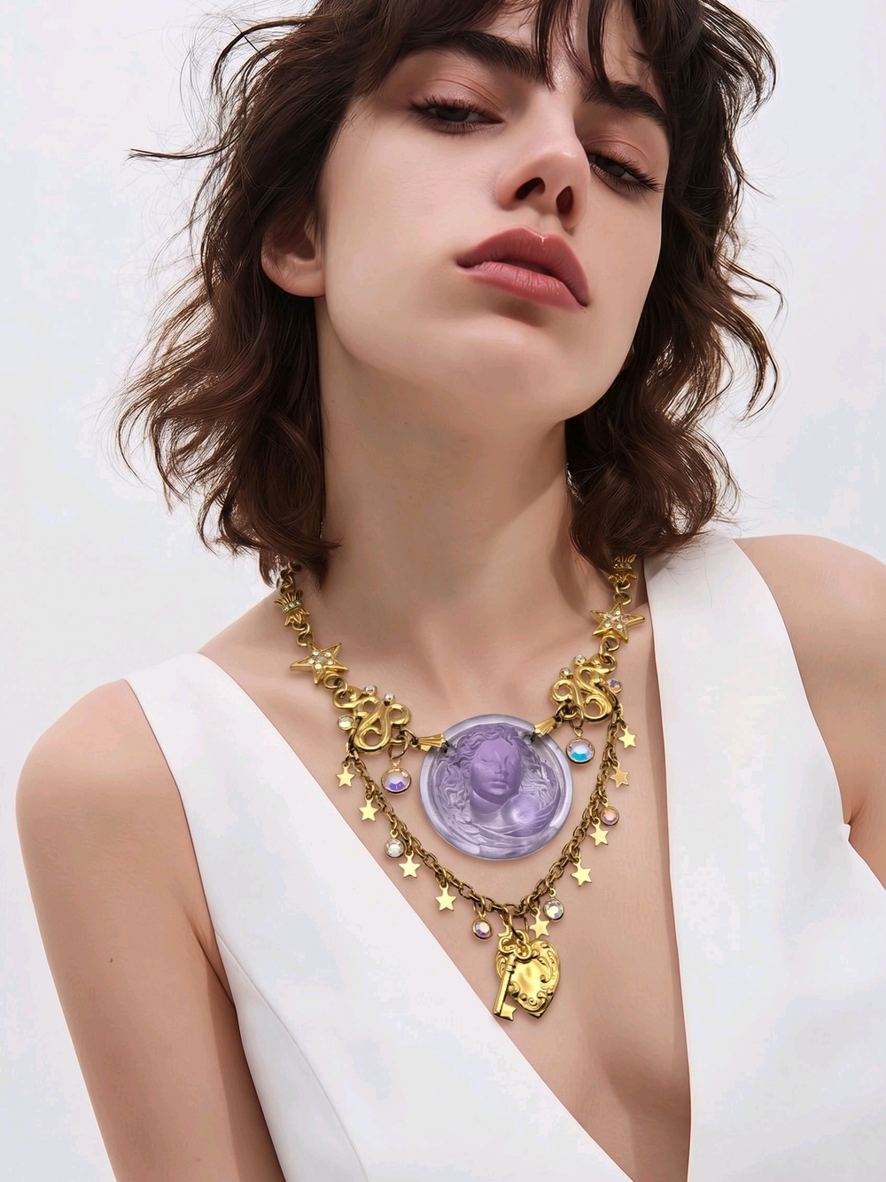 Kirks Folly Lavender Dream Angel Necklace 24" Gold Tone Heart Key Moon Stars